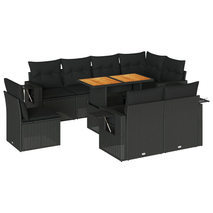 9-delige Loungeset met kussens poly rattan zwart