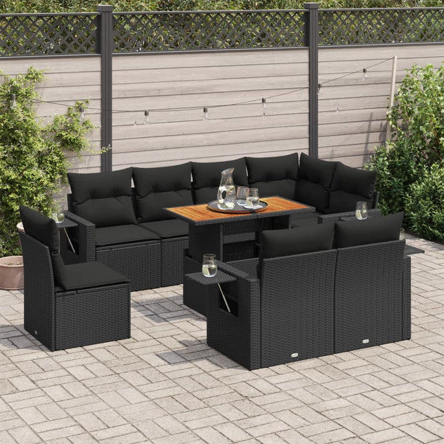 9-delige Loungeset met kussens poly rattan zwart