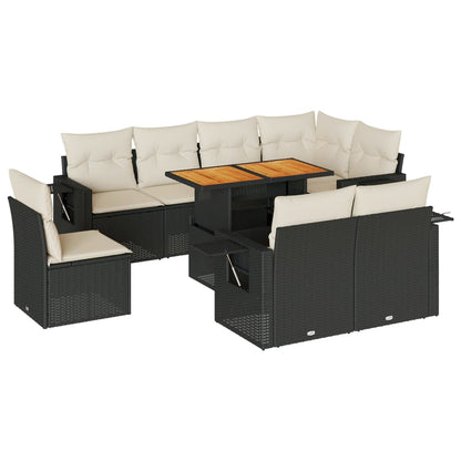 9-delige Loungeset met kussens poly rattan zwart