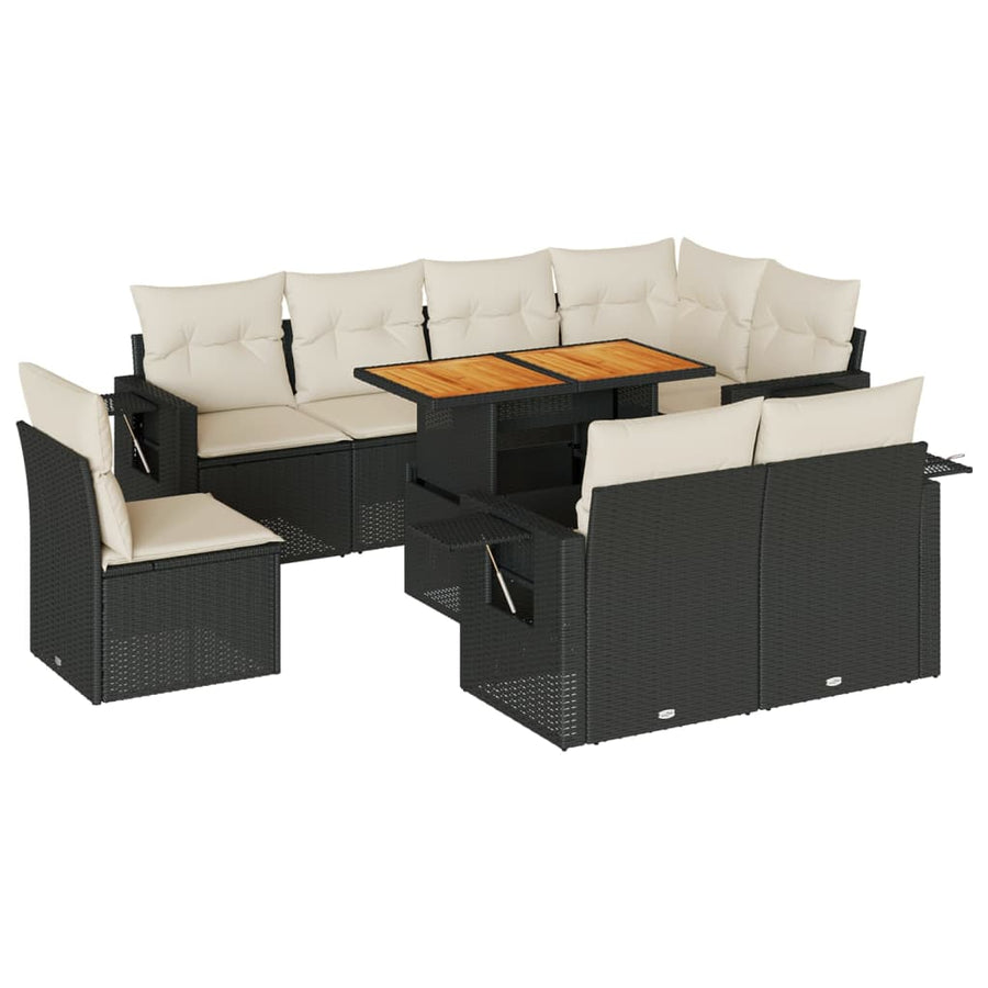9-delige Loungeset met kussens poly rattan zwart