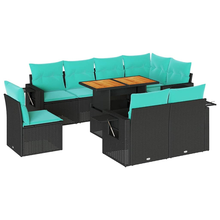 9-delige Loungeset met kussens poly rattan zwart