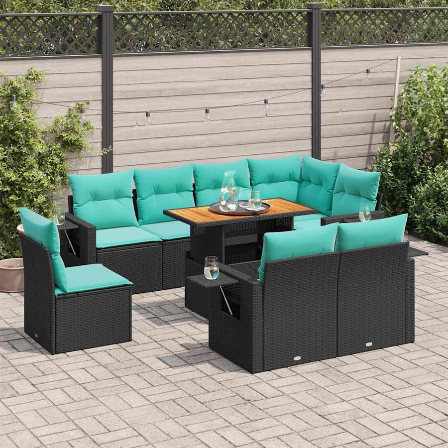9-delige Loungeset met kussens poly rattan zwart