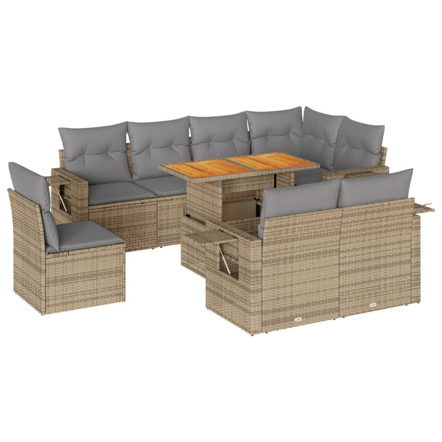 9-delige Loungeset met kussens poly rattan beige