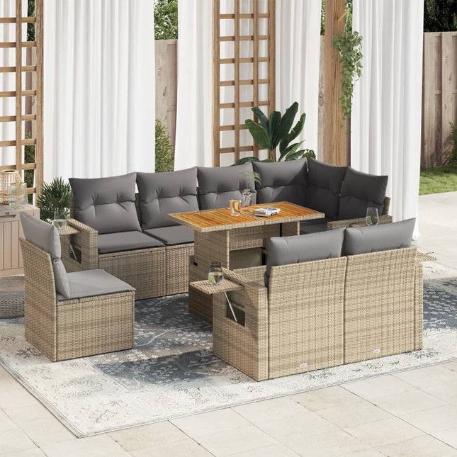 9-delige Loungeset met kussens poly rattan beige