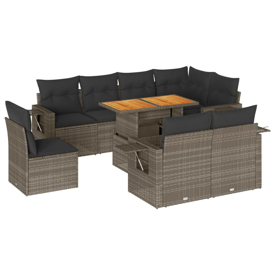 9-delige Loungeset met kussens poly rattan grijs