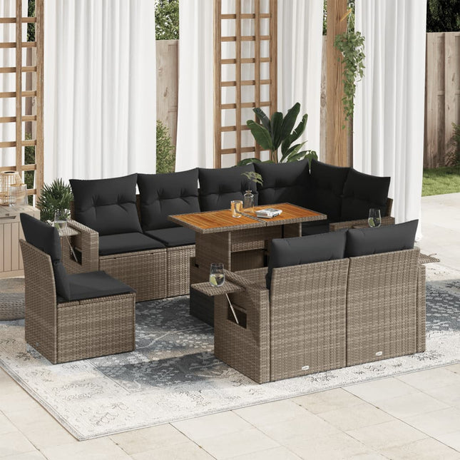 9-delige Loungeset met kussens poly rattan grijs