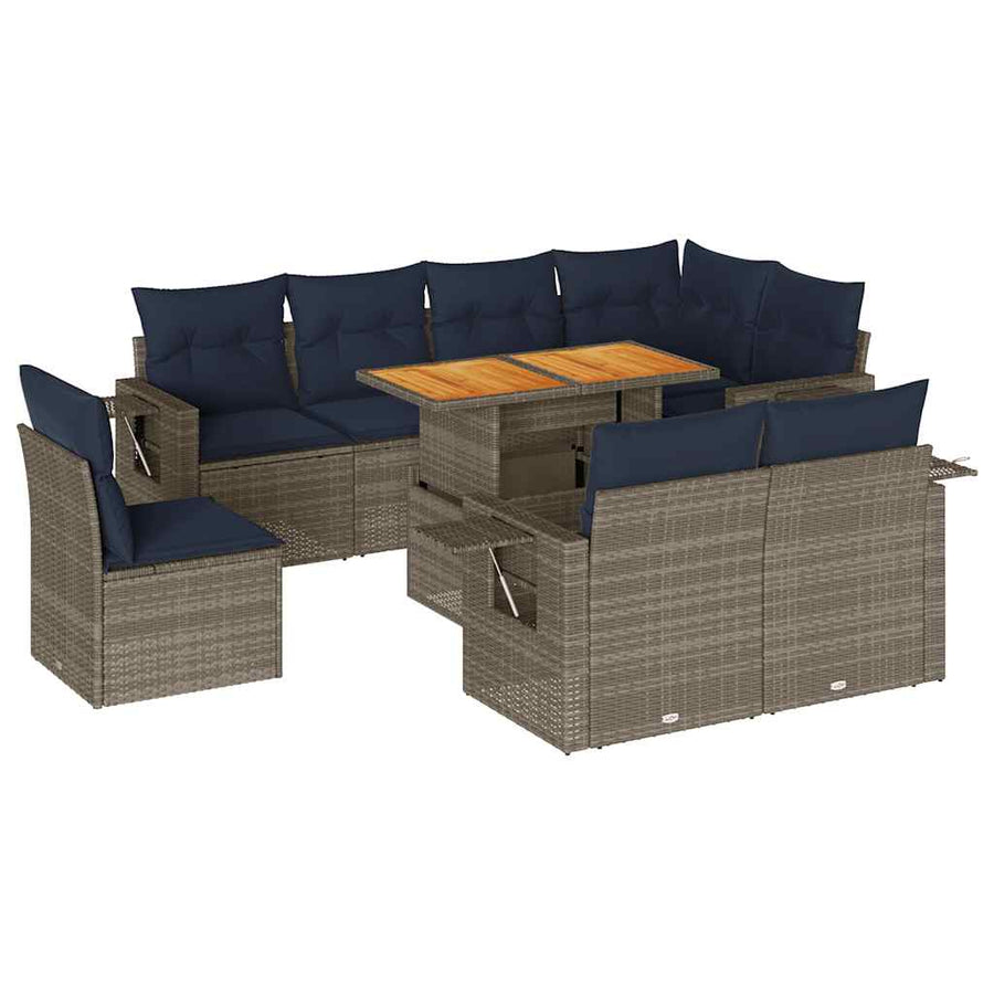 9-delige Loungeset met kussens poly rattan grijs