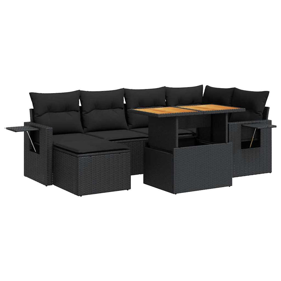 7-delige Loungeset met kussens poly rattan zwart