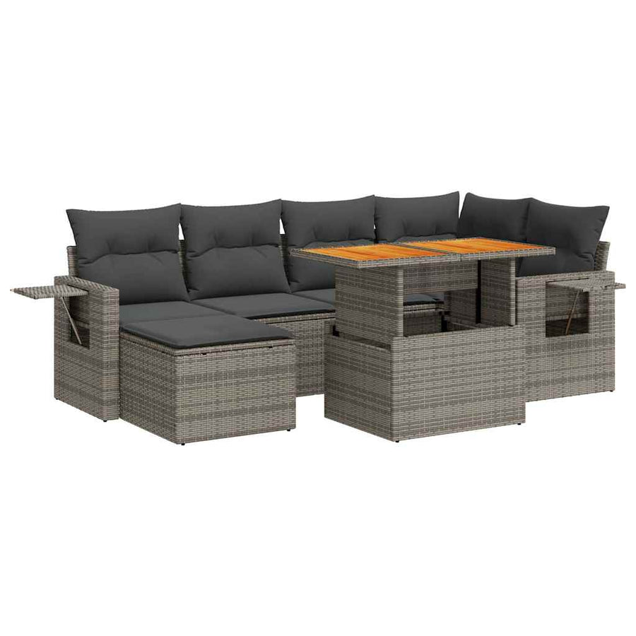 7-delige Loungeset met kussens poly rattan grijs