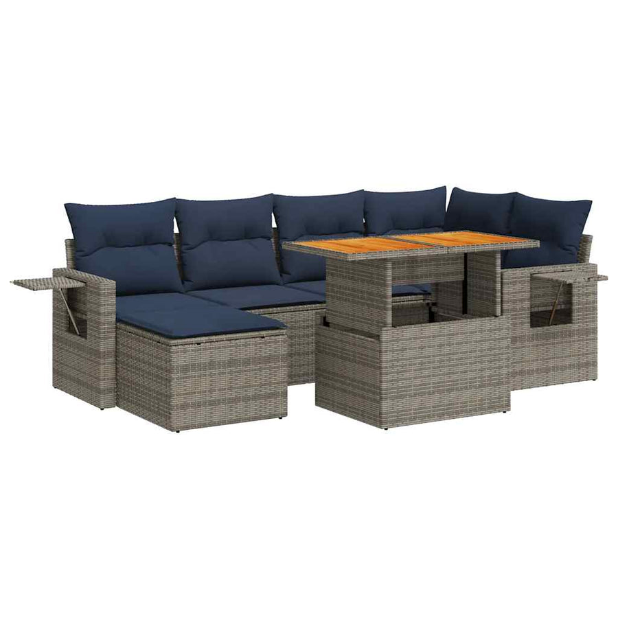7-delige Loungeset met kussens poly rattan grijs