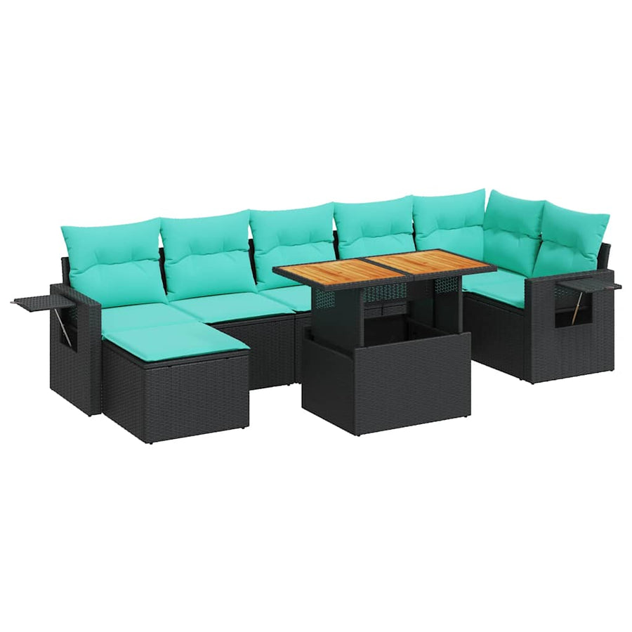 8-delige Loungeset met kussens poly rattan zwart
