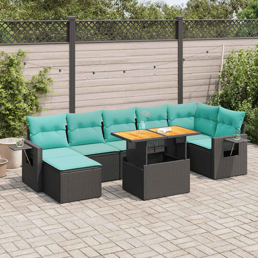8-delige Loungeset met kussens poly rattan zwart