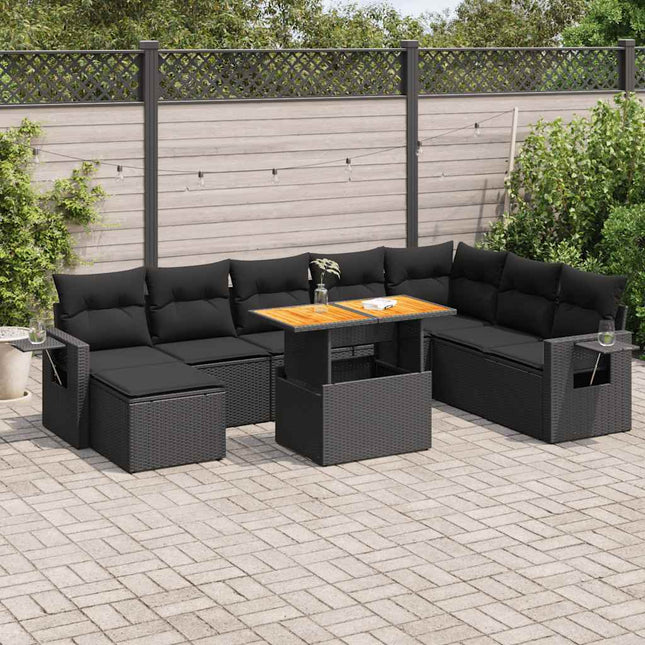 9-delige Loungeset met kussens poly rattan zwart