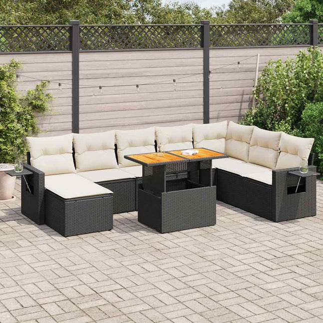 9-delige Loungeset met kussens poly rattan zwart