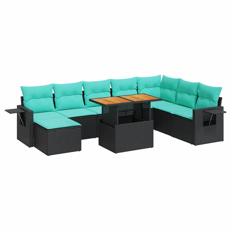 9-delige Loungeset met kussens poly rattan zwart