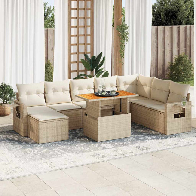 9-delige Loungeset met kussens poly rattan beige