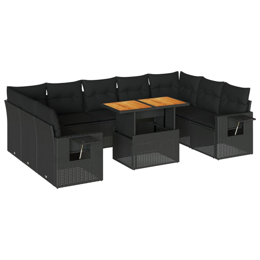 10-delige Loungeset met kussens poly rattan zwart