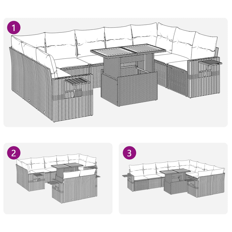 10-delige Loungeset met kussens poly rattan zwart