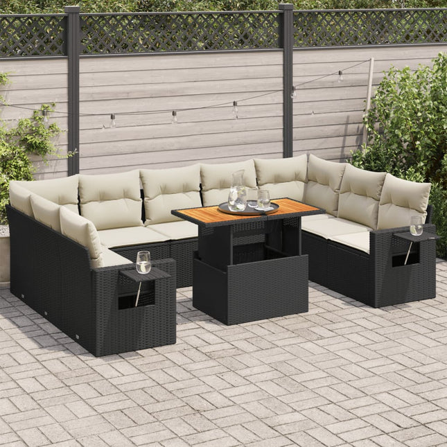 10-delige Loungeset met kussens poly rattan zwart