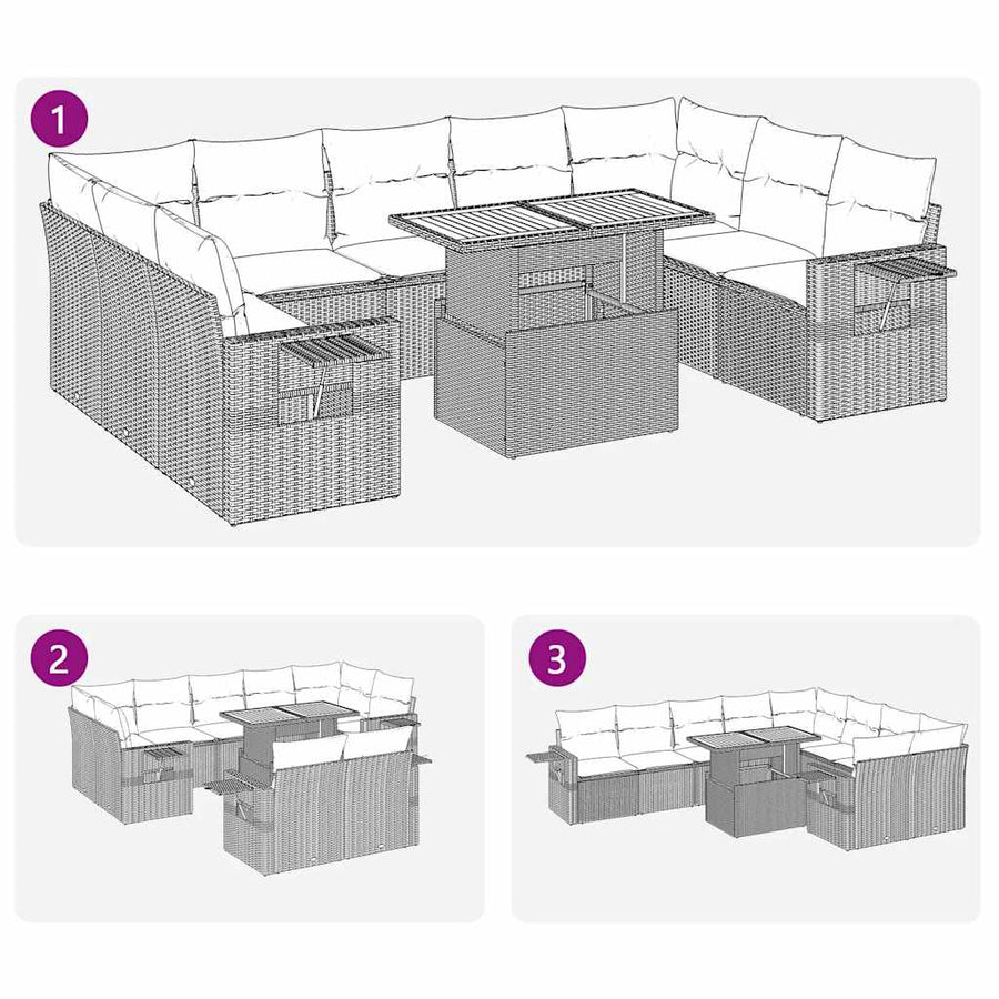 10-delige Loungeset met kussens poly rattan zwart