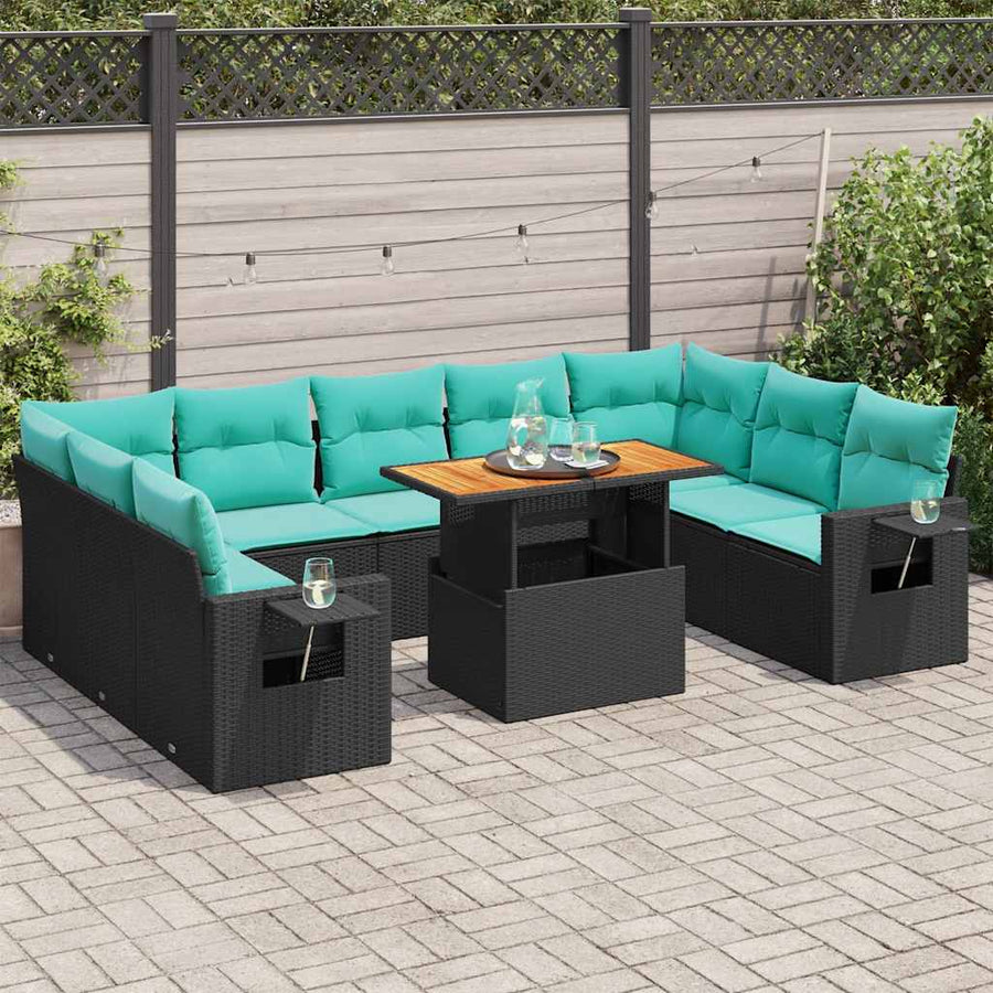 10-delige Loungeset met kussens poly rattan zwart