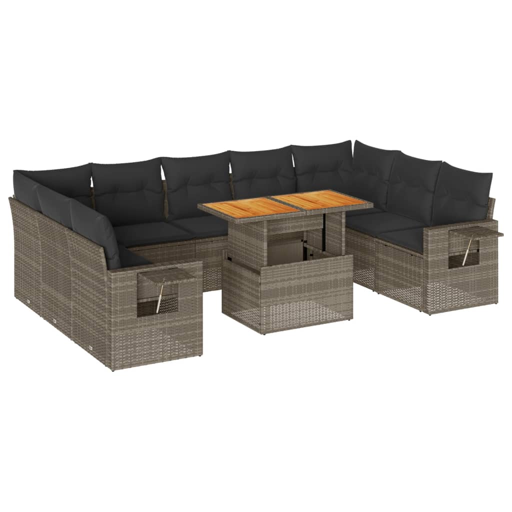 10-delige Loungeset met kussens poly rattan grijs