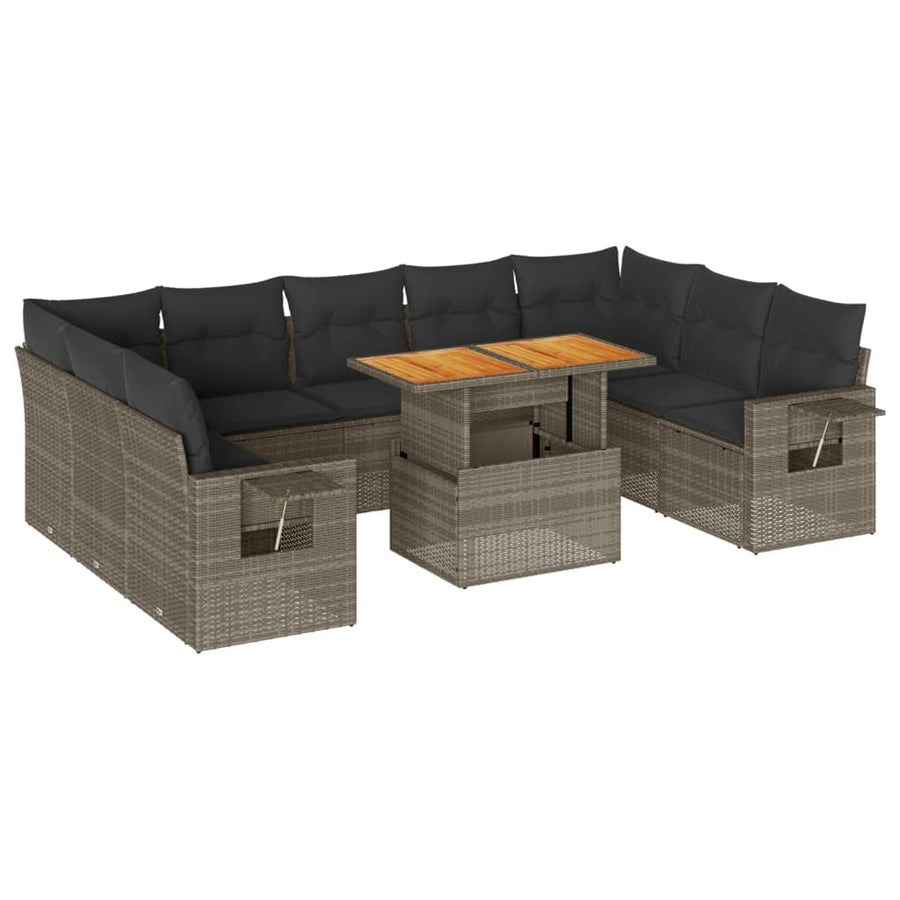 10-delige Loungeset met kussens poly rattan grijs
