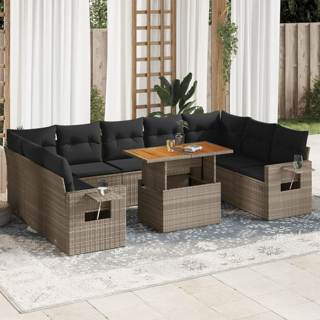 10-delige Loungeset met kussens poly rattan grijs