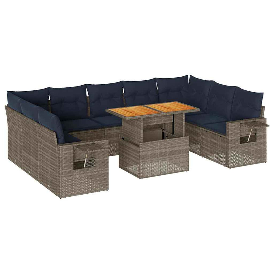 10-delige Loungeset met kussens poly rattan grijs