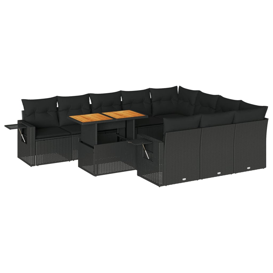 11-delige Loungeset met kussens poly rattan zwart