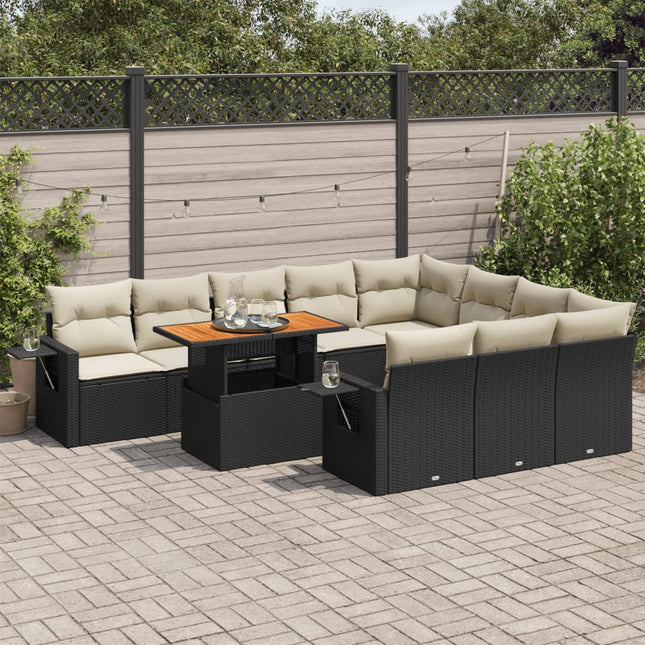 11-delige Loungeset met kussens poly rattan zwart