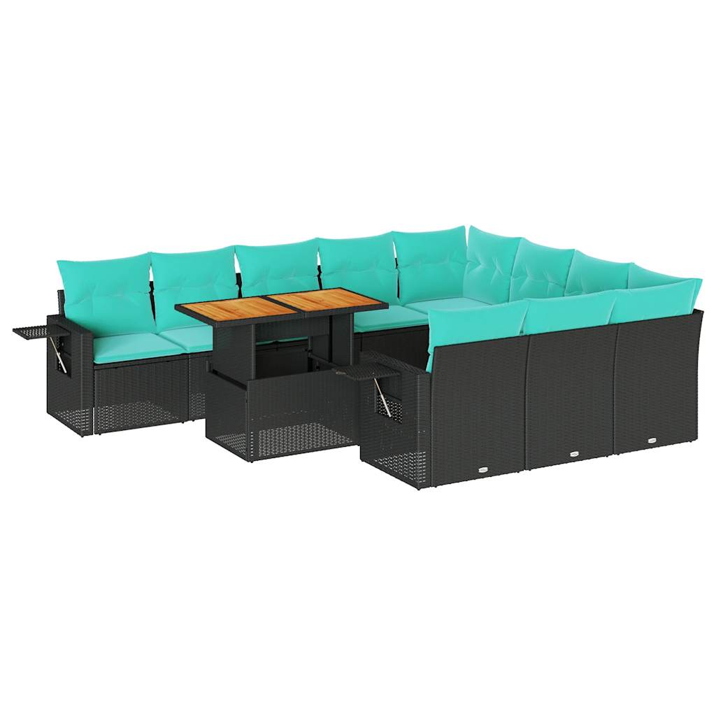 11-delige Loungeset met kussens poly rattan zwart