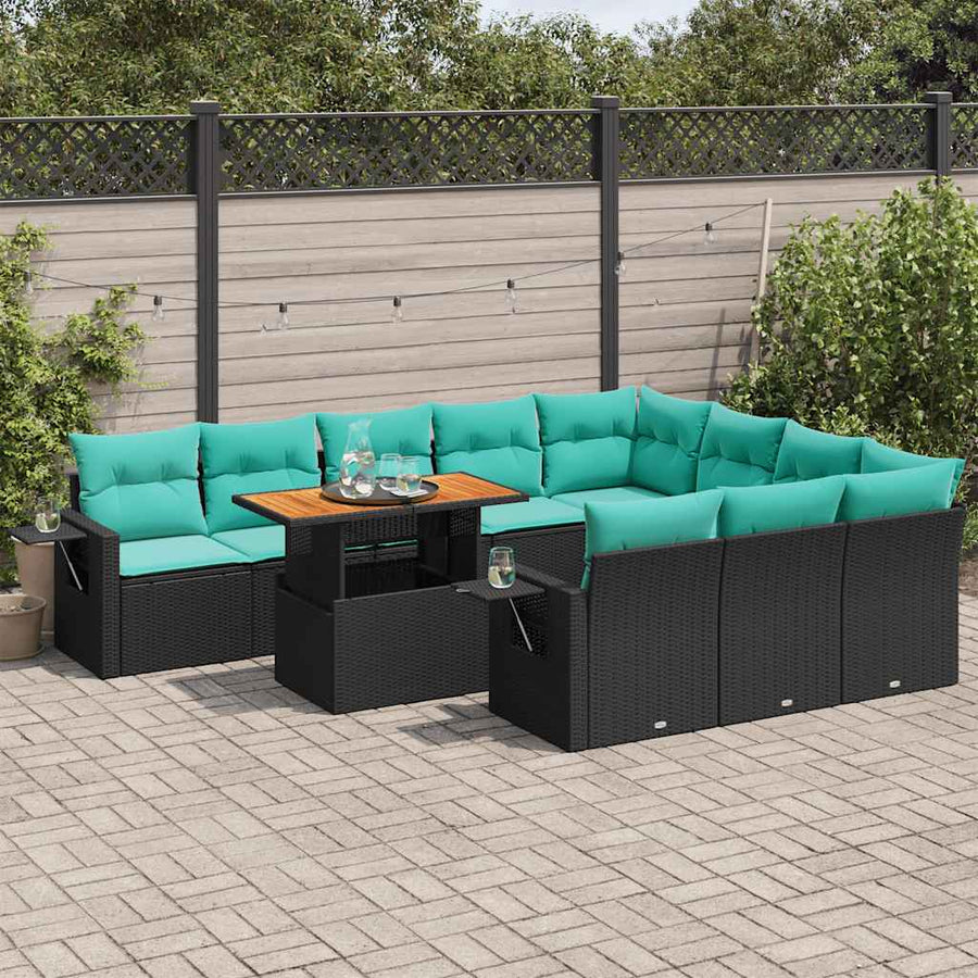 11-delige Loungeset met kussens poly rattan zwart