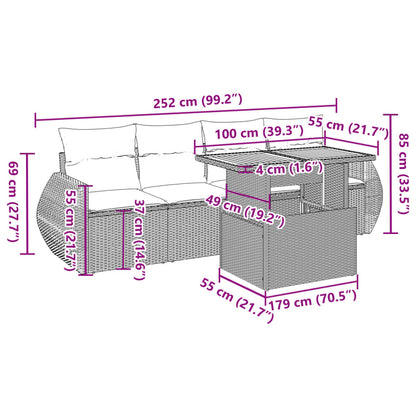 5-delige Loungeset met kussens poly rattan zwart