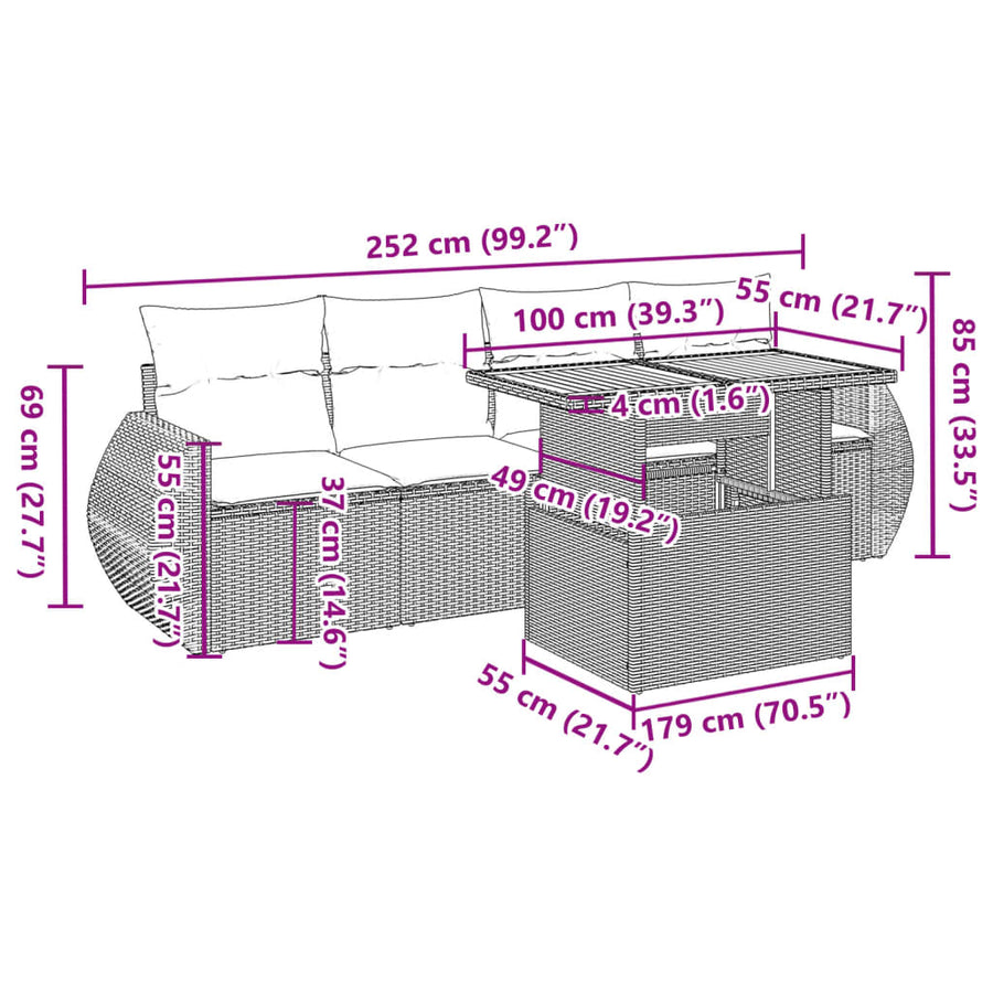 5-delige Loungeset met kussens poly rattan zwart