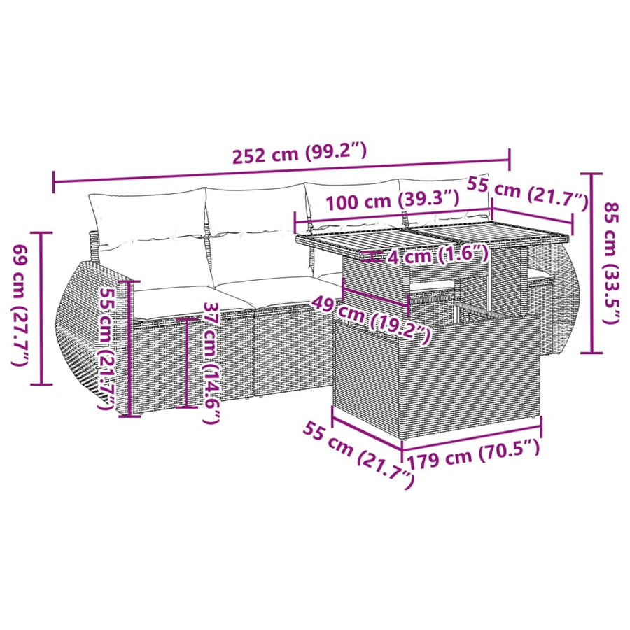 5-delige Loungeset met kussens poly rattan zwart