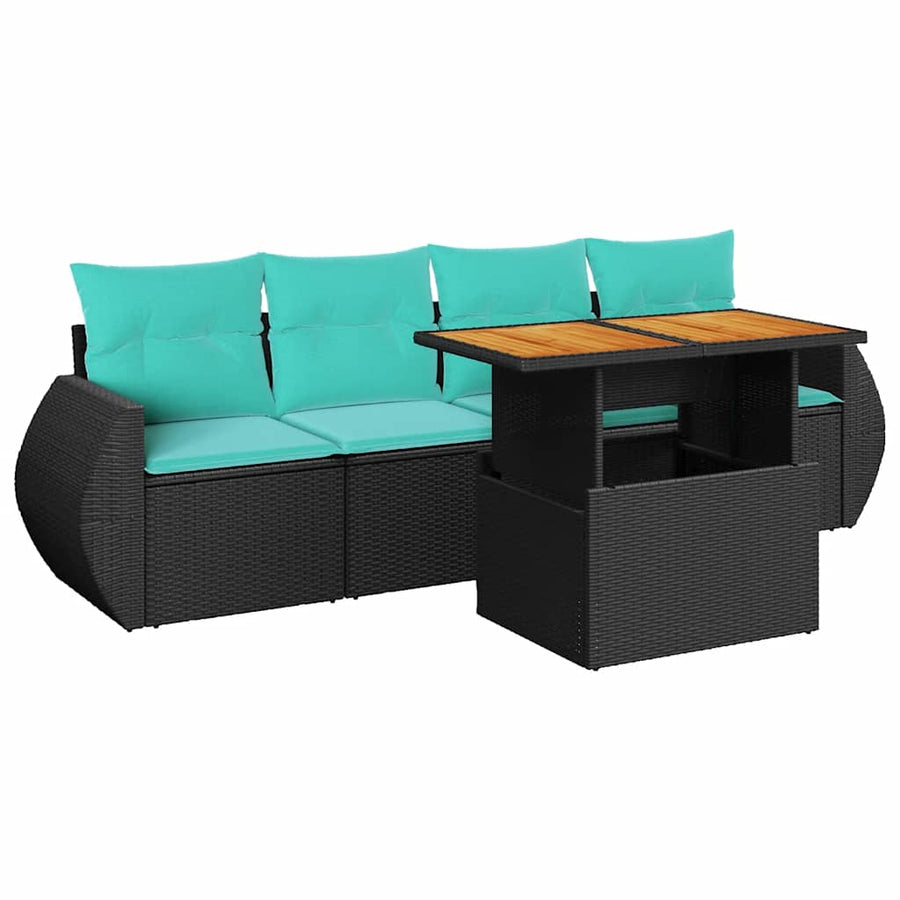 5-delige Loungeset met kussens poly rattan zwart
