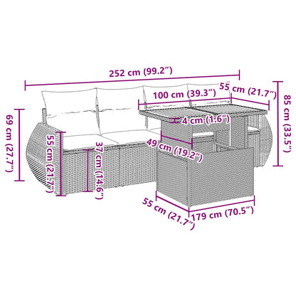 5-delige Loungeset met kussens poly rattan zwart