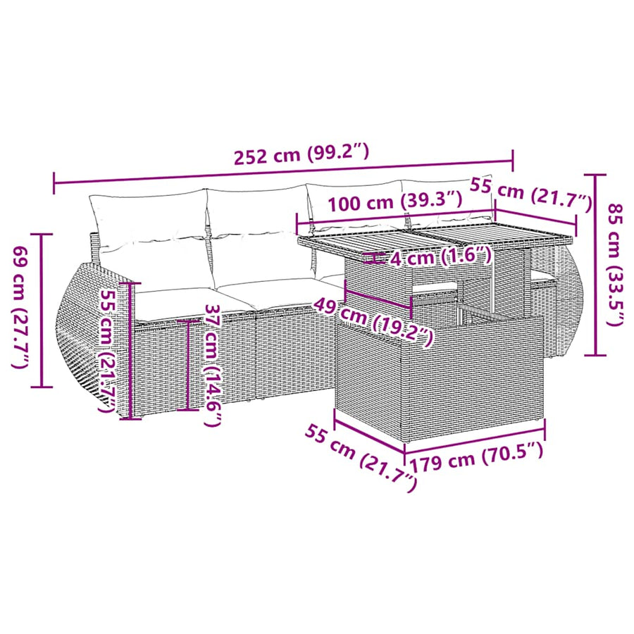 5-delige Loungeset met kussens poly rattan zwart