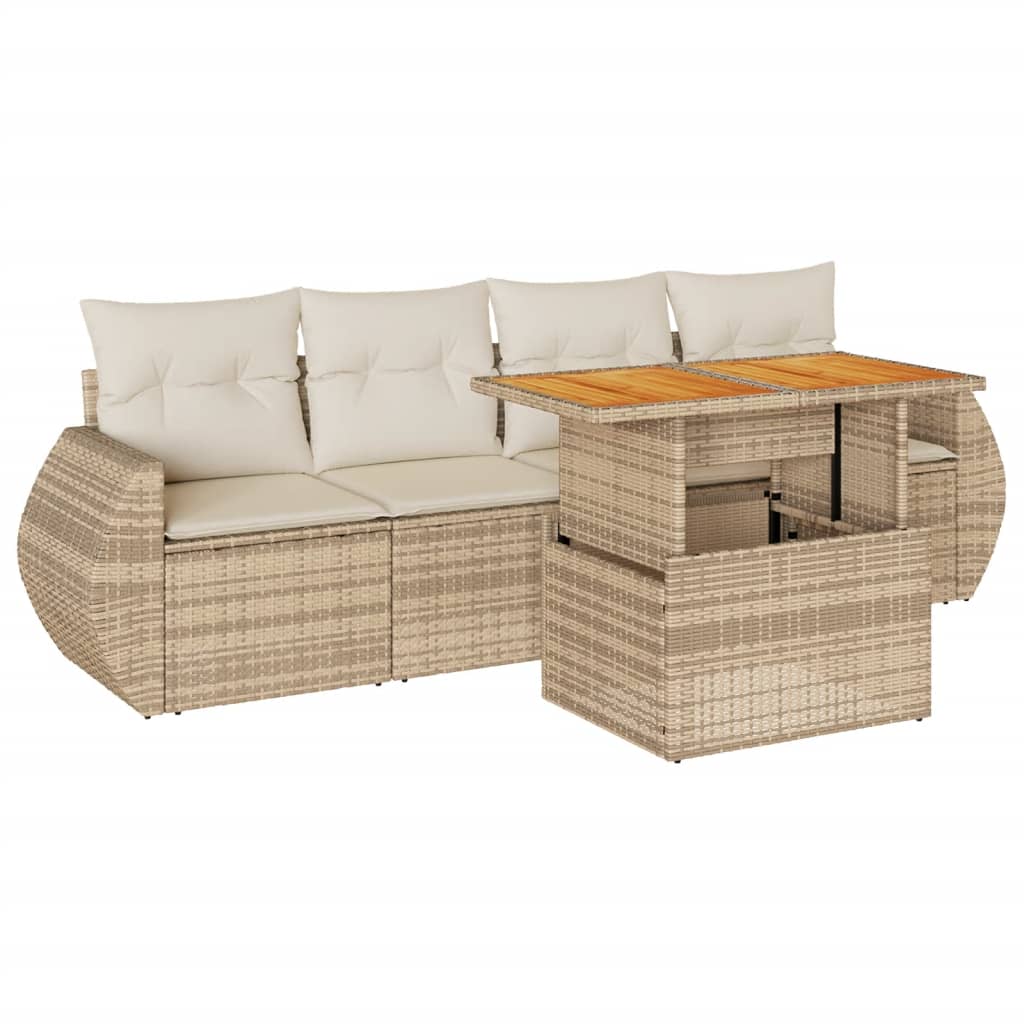 5-delige Loungeset met kussens poly rattan beige