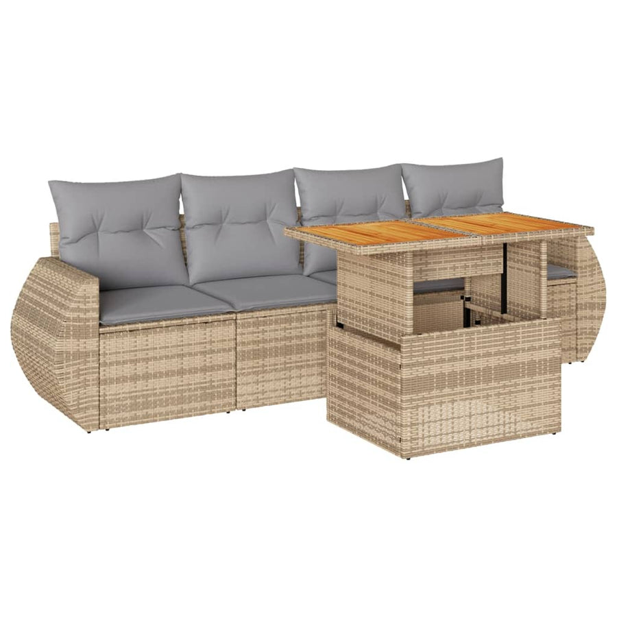 5-delige Loungeset met kussens poly rattan beige