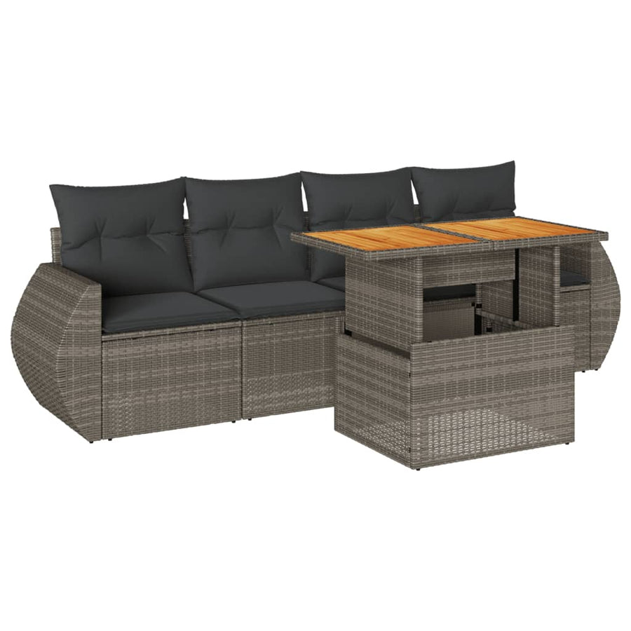 5-delige Loungeset met kussens poly rattan grijs