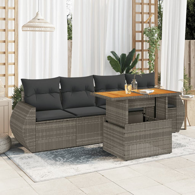 5-delige Loungeset met kussens poly rattan grijs