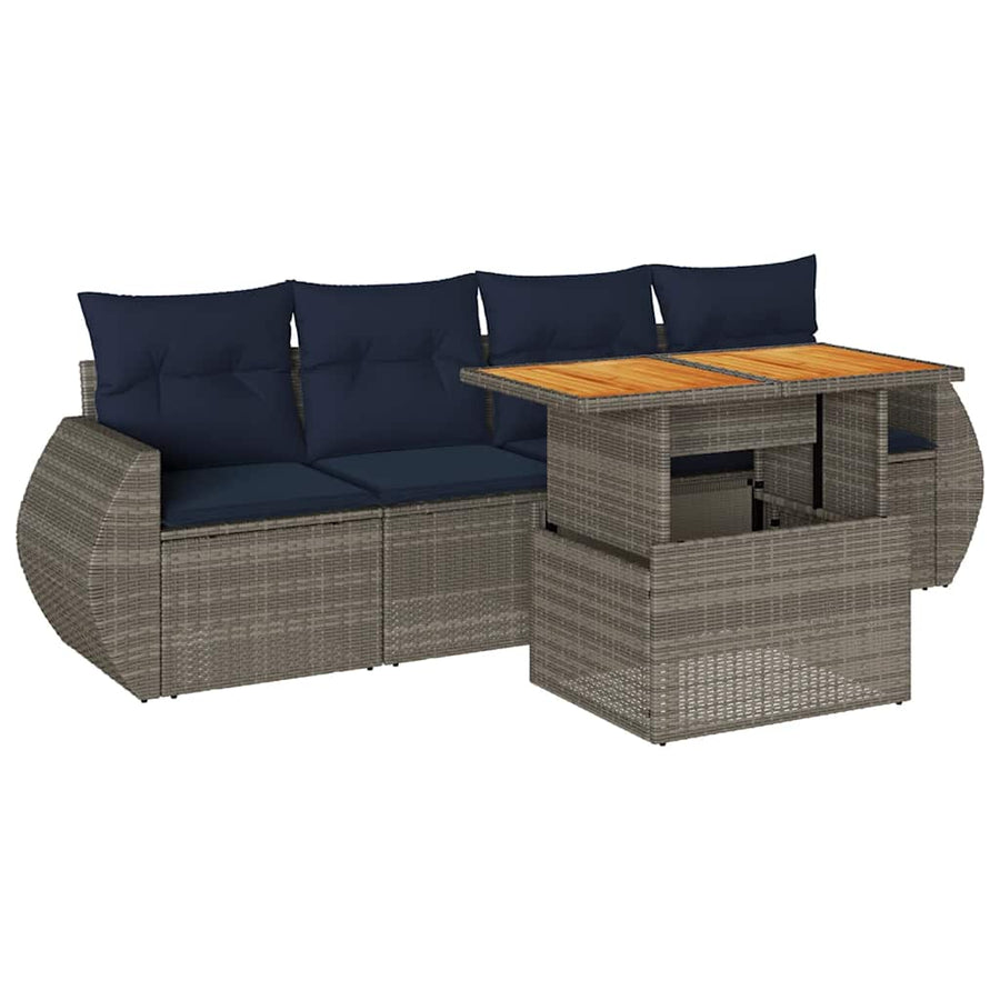 5-delige Loungeset met kussens poly rattan grijs