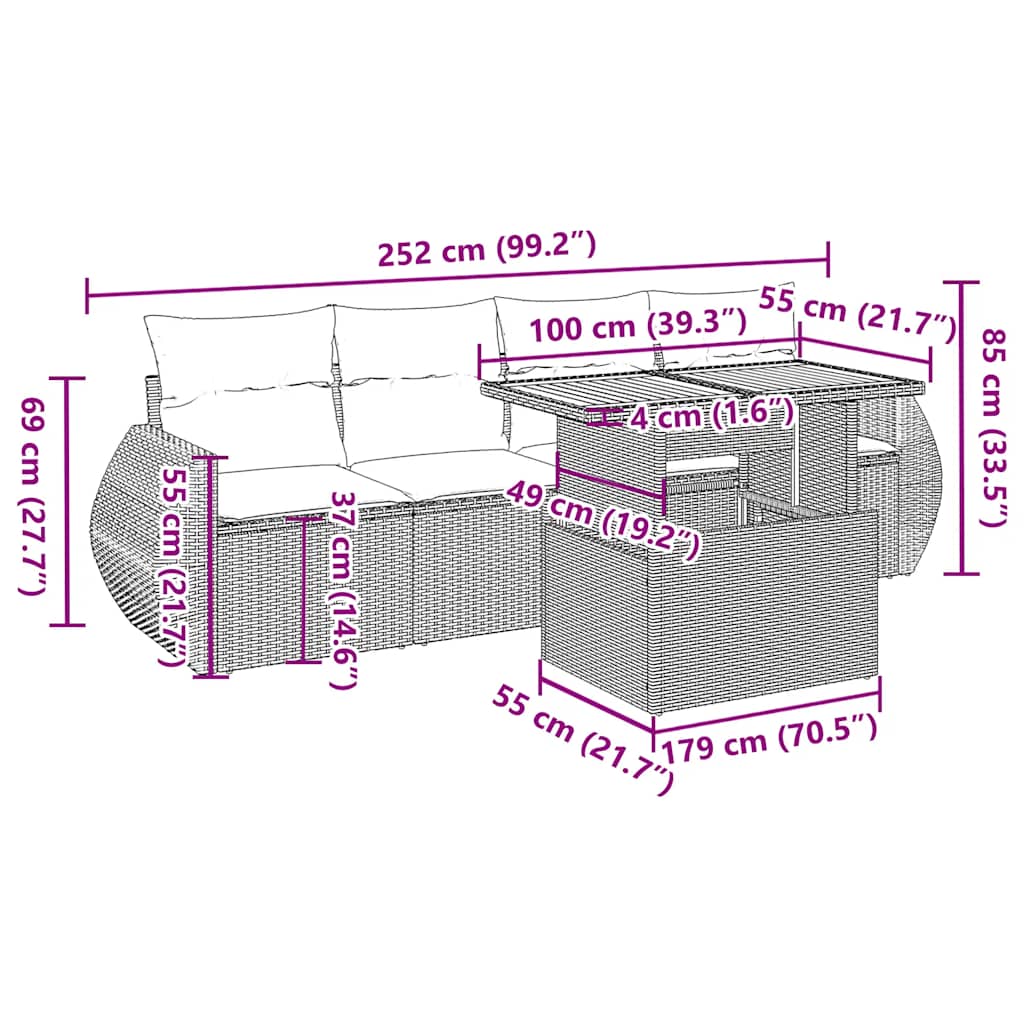 5-delige Loungeset met kussens poly rattan grijs