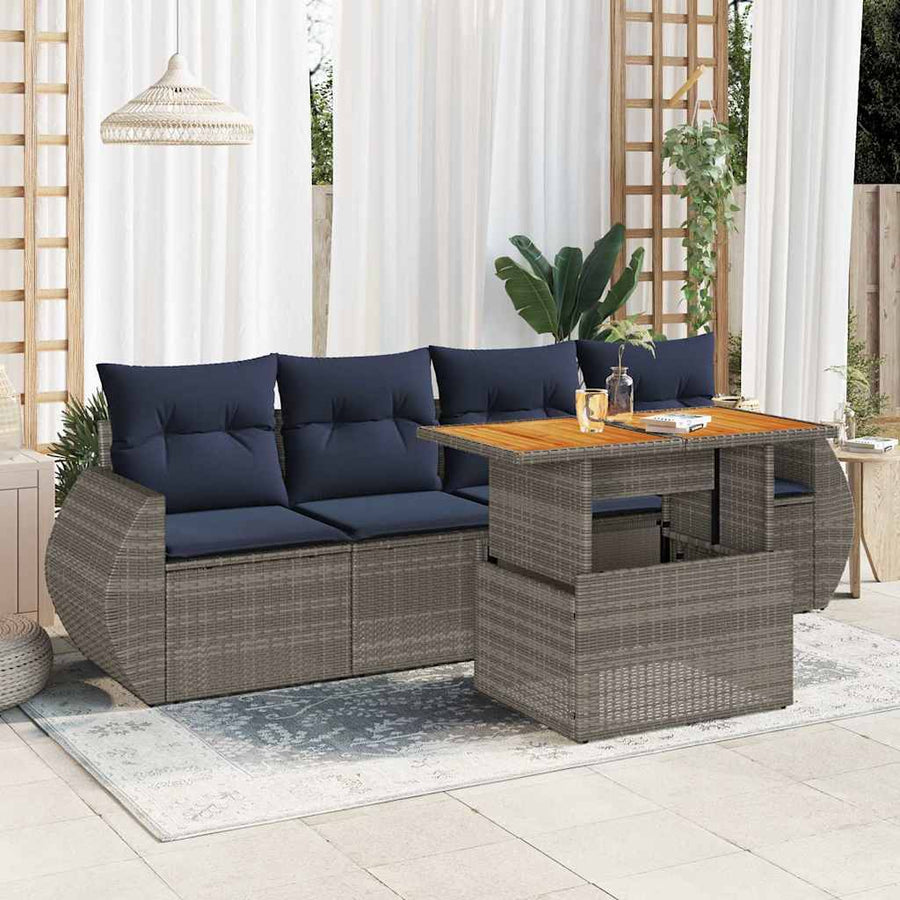 5-delige Loungeset met kussens poly rattan grijs