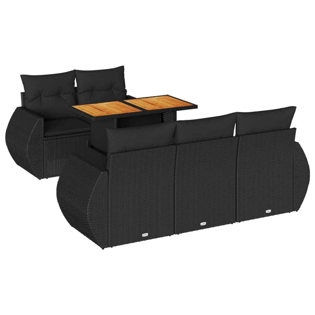 6-delige Loungeset met kussens poly rattan zwart