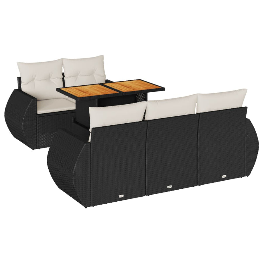 6-delige Loungeset met kussens poly rattan zwart