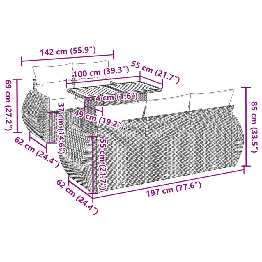 6-delige Loungeset met kussens poly rattan zwart