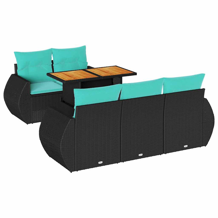 6-delige Loungeset met kussens poly rattan zwart